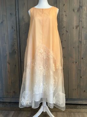 Vtg Style Peach Tulle Lace Appliqué Dress Sheer Mesh Overlay Ethereal Boho Midi